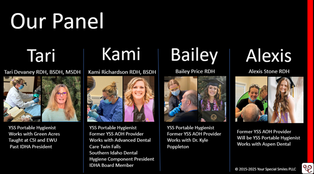 panel grou photo of panel on ppt slide with their names, Tari, kami, Bailey and Alexis