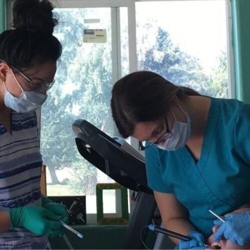 Holly jones working with a patient in a garage with a student watching her